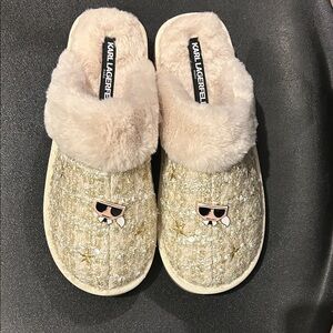 Karl Lagerfeld Beige Tweed Slippers